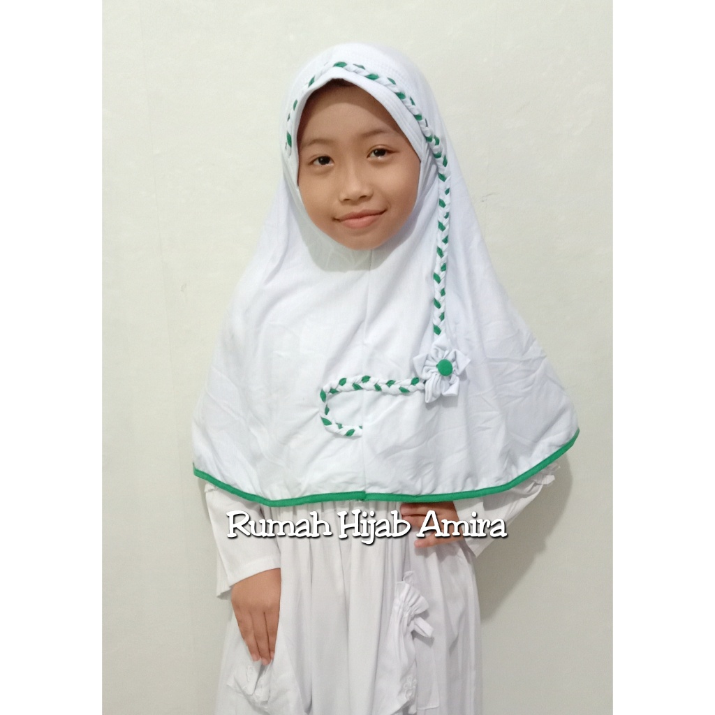 Jilbab Anak Sekolah SD Kepang Bunga Putih List Hijau Size M