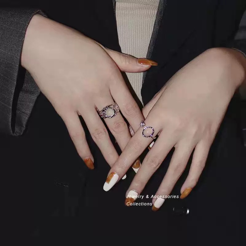 YEEZII Cincin Model Terbuka Warna Silver Hias Opal Untuk Wanita