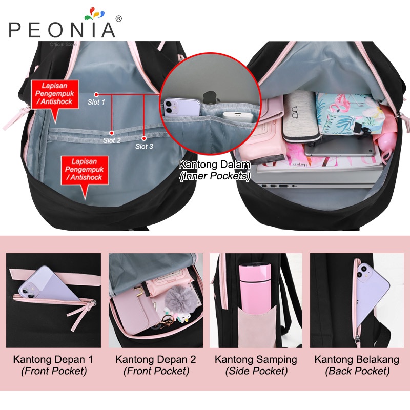 Peonia PNA SOMI Ransel Korea Tas Wanita Laptop Punggung Import Kantor Kerja Sekolah Kuliah Outdoor Trendy Fashion Style Travel Casual Backpack Anak Remaja Perempuan Selempang Cewek Bag-2