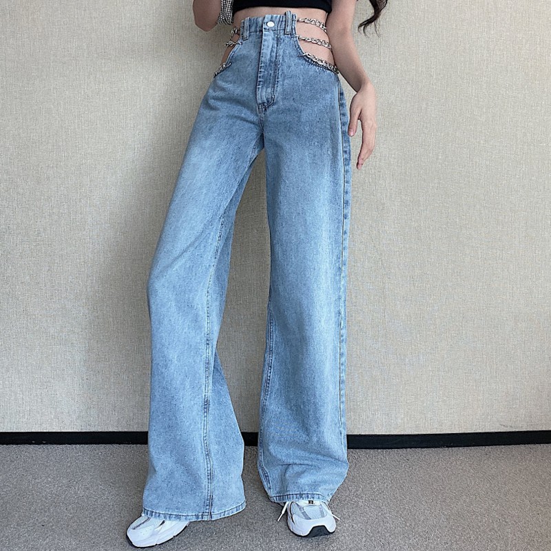 Suhao Net Hong Kong Style Chain High Waist Wide-Legged Jeans Musim Semi dan Musim Panas Straight Slack Slim Fit Pants