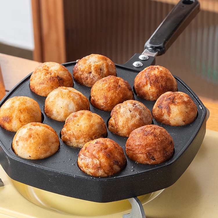 Panci Takoyaki 12 lubang anti lengket bahan aluminum untuk memasak, besi cor cetakan Takoyaki pan