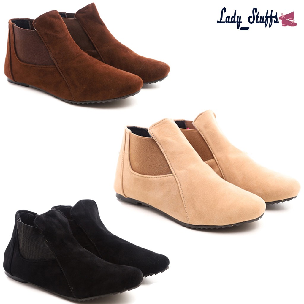 Sepatu Boots Wanita Boots Flat Angkle Boots Polos Kasual Simpel Kekinian Hitam Moka MARSELA