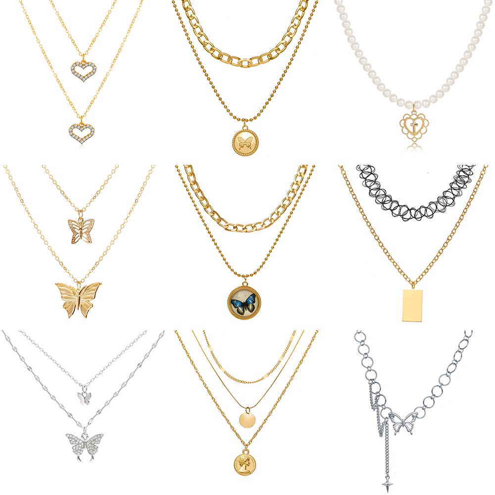 YEEZII Kalung Rantai Banyak Lapis Dengan Liontin Kupu-Kupu + Mutiara Gaya Retro Korea Untuk Wanita