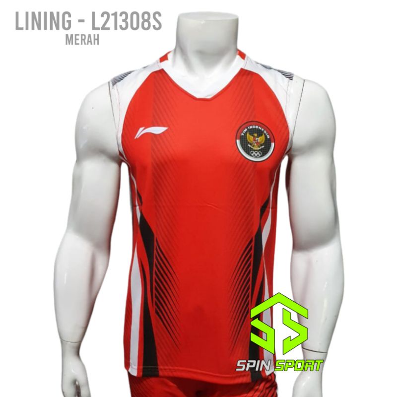 [L21308S Merah] Kaos Baju Lining Li-Ning Import Premium Terbaru Badminton Tenis Meja Pingpong Buluta