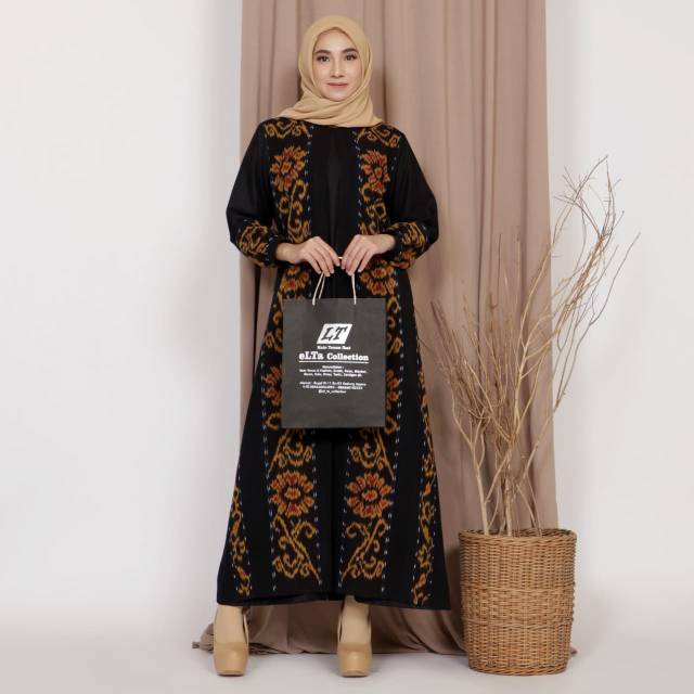 Gamis tenun ikat motif bunga mewah