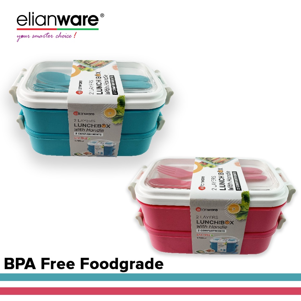 Tempat makan 2 susun lunch box Elianware Bento Microwaveable Food Container dengan sendok dan garpu E-1237
