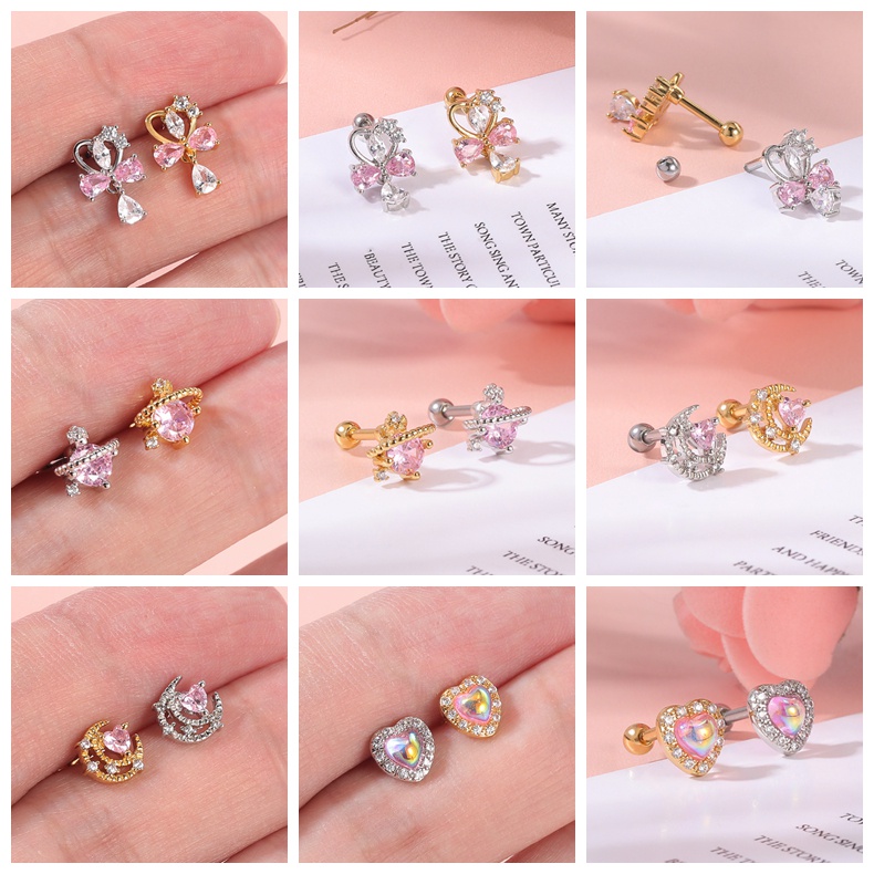 1 Pc Anting Stud Kristal Bentuk Hati Bulan Tengkorak Kelelawar Bahan Stainless Steel