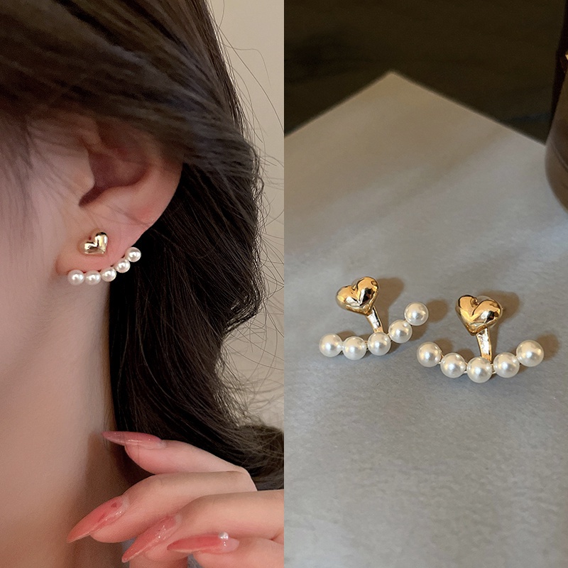 Anting Emas love Hati Desain Melengkung Mutiara Aksesoris Wanita Korea