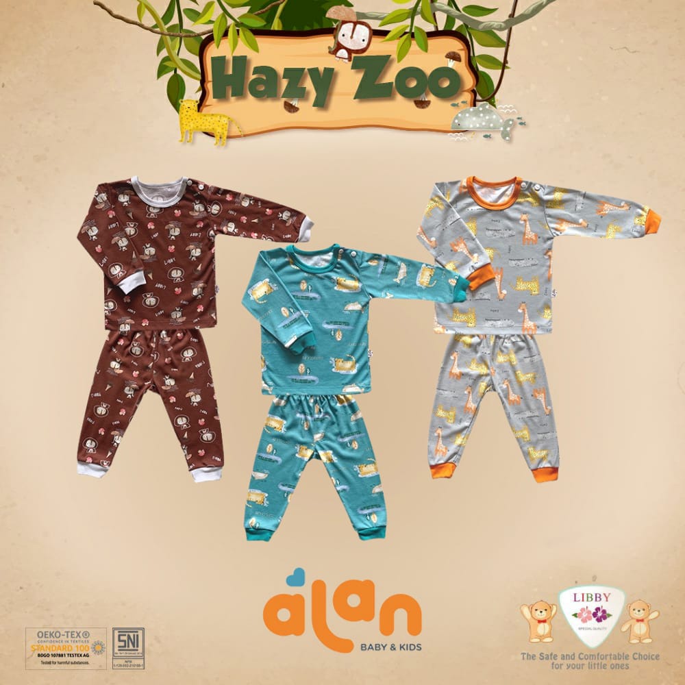 Libby Stelan Baju Panjang Oblong &amp; Celana Panjang Hazy Zoo Series - Stelan Baju Anak isi 3