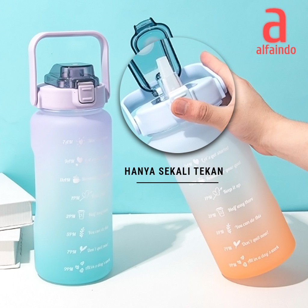 Alfaindo Botol Minum Motivasi dengan Penanda Waktu Kapasitas Besar Tutup Flip Sedotan - BP001