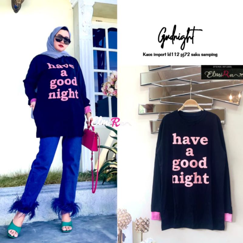 GUDNIGHT OVERSIZE BY ELMIRA / TUNIK KATUN WANITA MUSLIMAH / Bahan kaos import LD 112