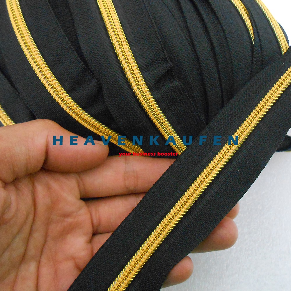 Resleting Zipper Coil / Nylon No 5 Warna Hitam - Gold Emas No 5 Harga Per Meter