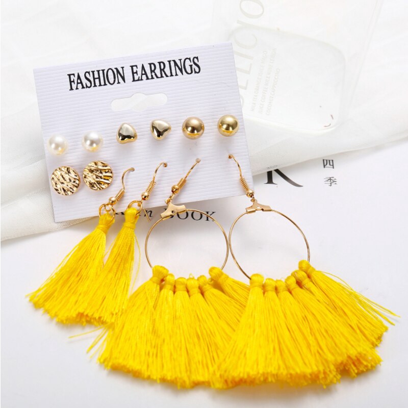 6 Pasang / Set Anting Stud Rumbai Geometris Gaya Etnik Untuk Aksesoris Wanita