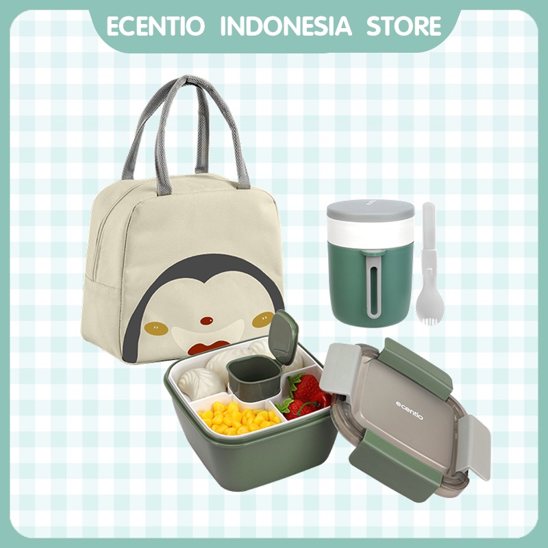 ecentio 1.1L Kotak Makan Double layer Tempat Bekal Makan Set Sendok Lunch Box Set BPA Free Dengan sambal/sauce cup