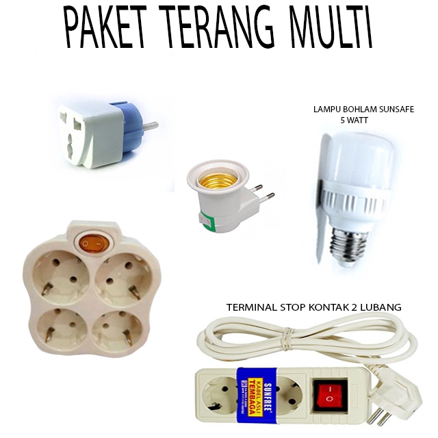 Paket Terang Multi Lampu Bohlam LED Sunsafe 5W Dengan Adaptor Fitting Colok Dan Stop Kontak