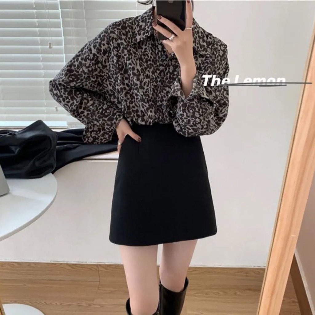 Shifon blus wanita leopard print kemeja wanita retro Hong Kong gaya pencetakan lengan panjang