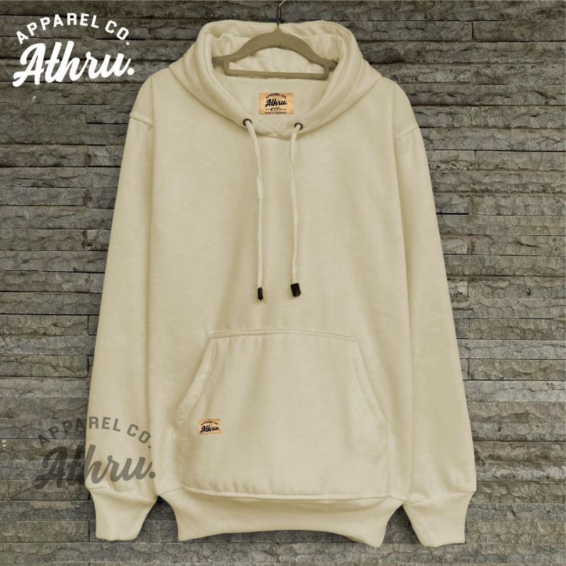 Sweater Pria Polos Warna Cream Distro Athru Switer Hodie Cowok Cewek Bahan Flecee Tebal Original
