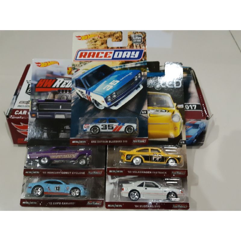 Hot Wheels Car Culture Premium Box Set RLC red line club Datsun 510 Bluebird Bre Raceday 13 Copo Camaro Gulf Cars and donuts 65 Volkswagen Fastback mooneyes moon eyes air cooled 84 mustang svo modern classics mercury comet redliners