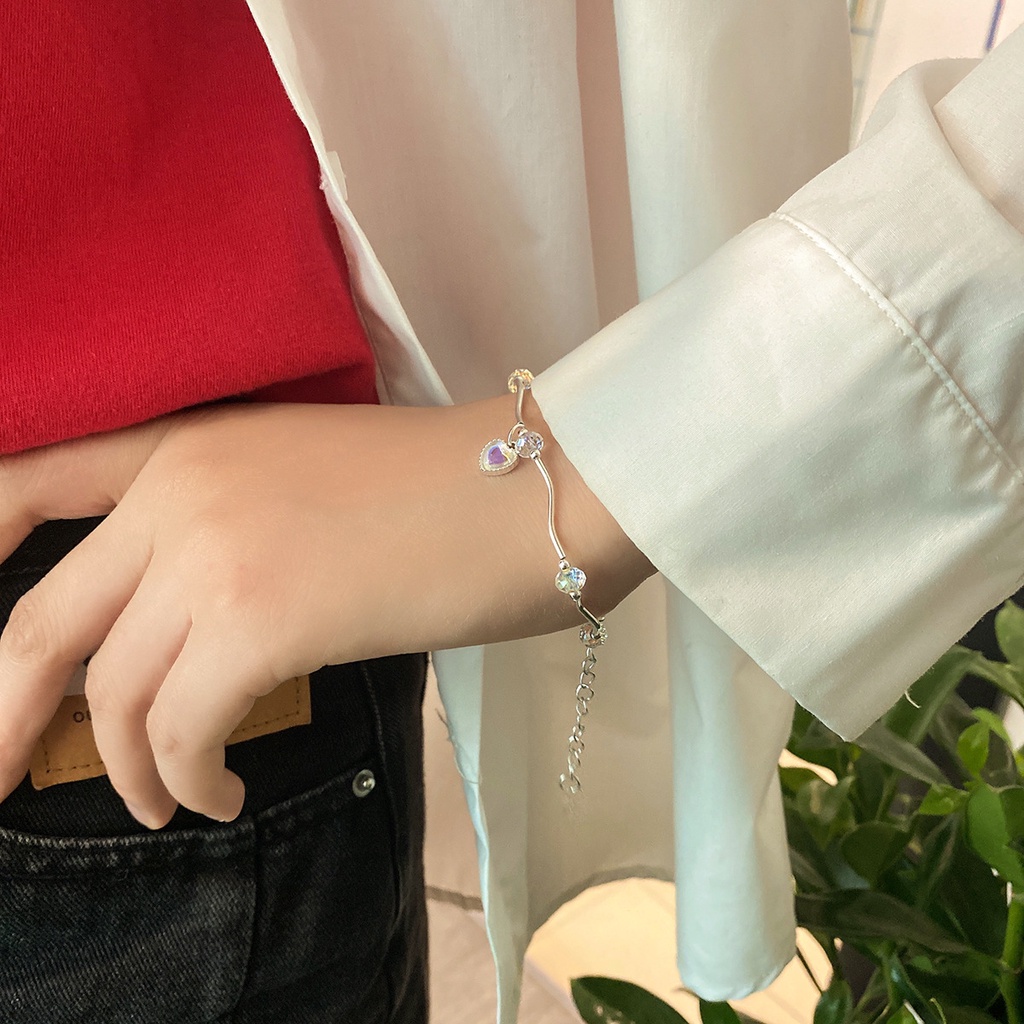 Gelang Tangan Alloy Silver Desain Hati Hias Moonstone Untuk Wanita