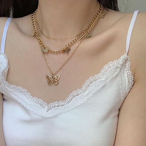 AY(CN) Korean Jewelry Pearl Diamond Butterfly Pendant Multilayer Necklace Fashion Gold Silver Choker Love Star Chain Necklaces Women Accessories