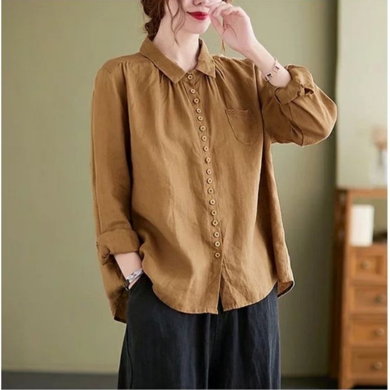 9875  Atasan Baju blus blouse kemeja polos lengan panjang kerah kancing bahan adem linen import impo
