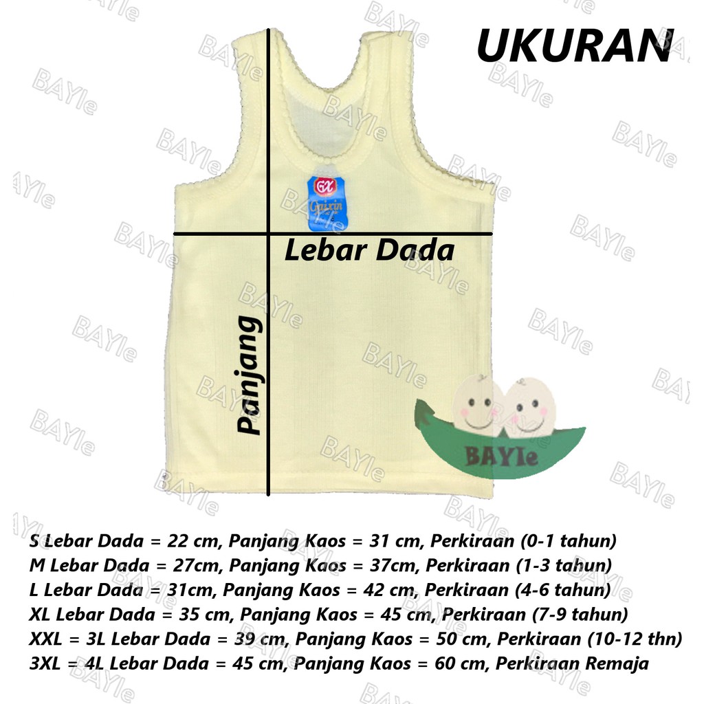 BAYIe - 12 PCS Kaos Dalam/Singlet Bayi/Anak WARNA ORIN/RIANI/GAIXIN umur 0-12 tahun S, M, L, XL, 3L