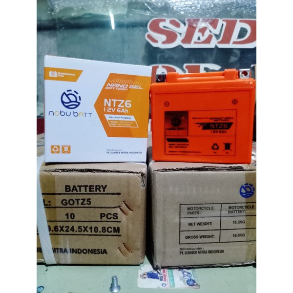 Aki NTZ-6V MF (Aki Kering) Nobu Batt For Vario 125/150 CBS/ ISS/160/ Beat Esp/CBR 150R/250R/CB 150R/ Satria Fu/Genio/Lexi/PCX/Adv/N-max new/Mio m3 SSS/Scoopy esp 2019/Beat new 2019-2021/satria Fu 150 old/new