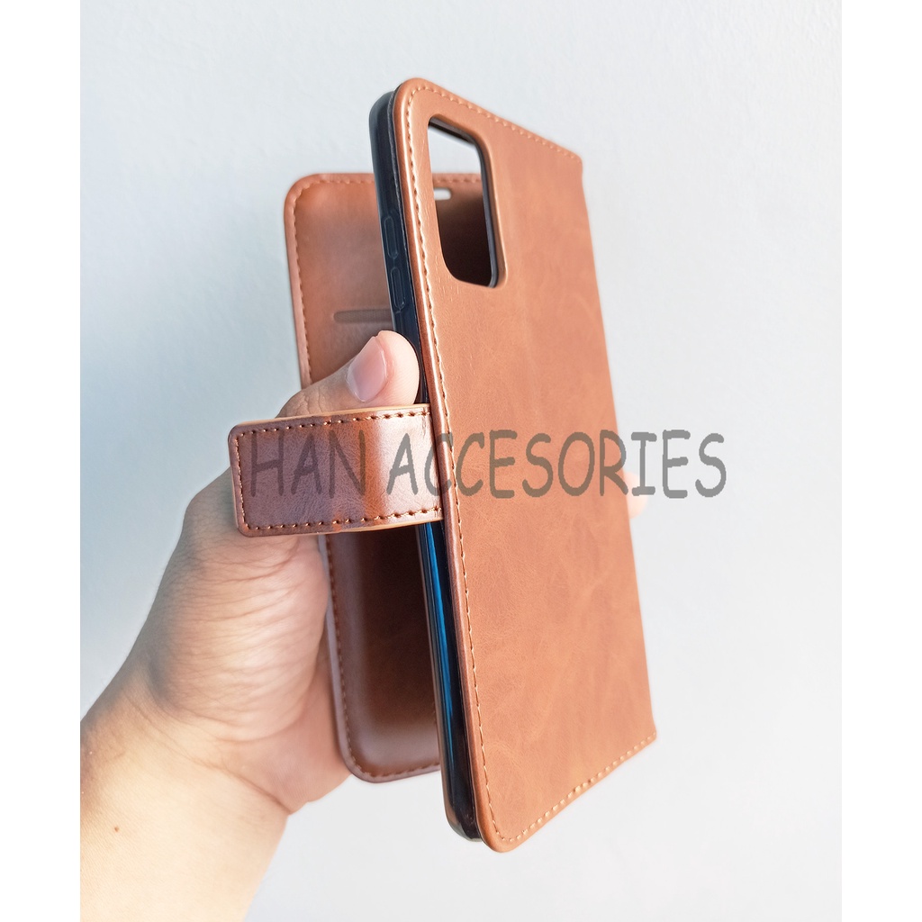 (PAKET HEMAT) Fashion Selular Flip Leather Case Samsung Galaxy A71 Flip Cover Wallet Case Flip Case + Nero Temperred Glass