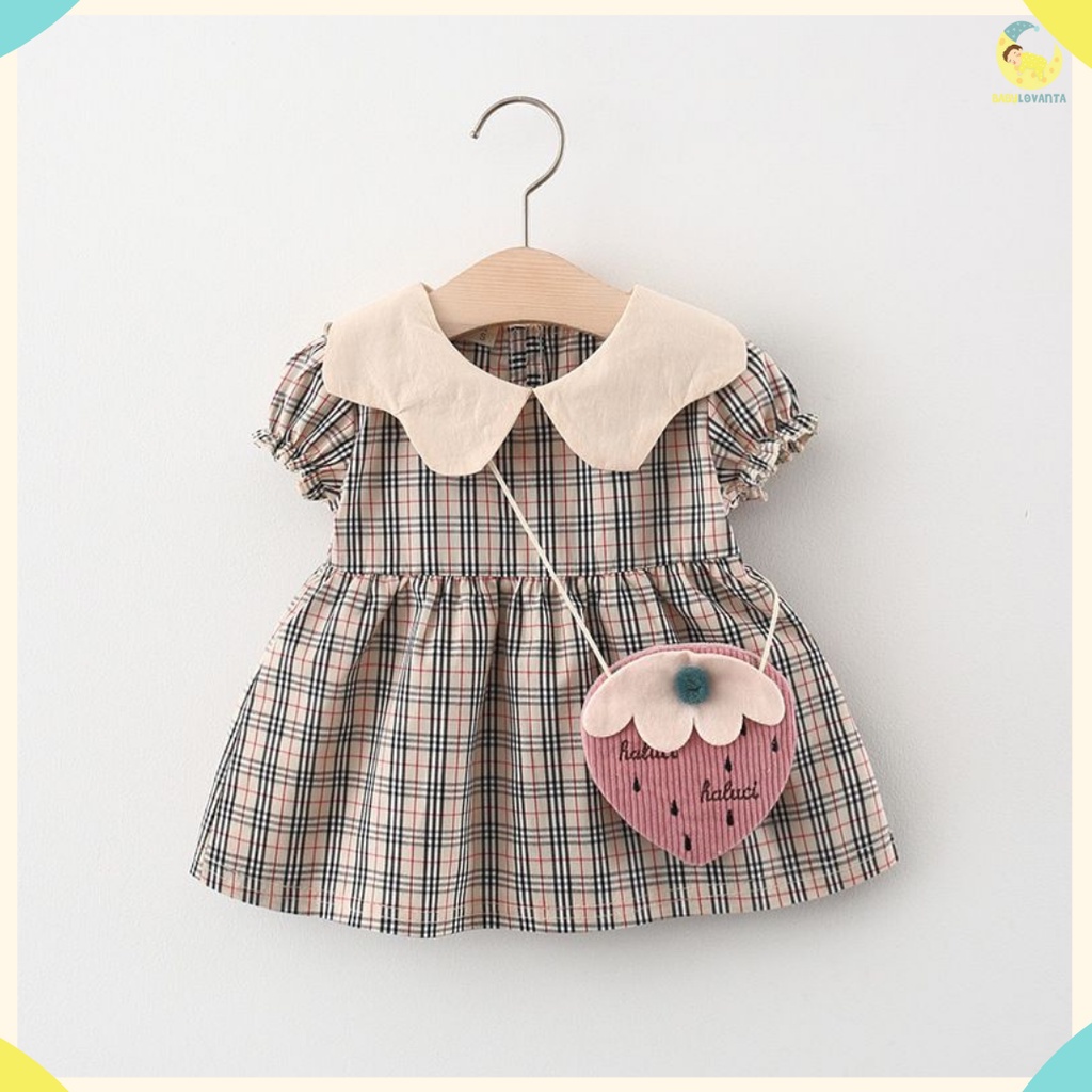 Dress bayi 0-2 tahun motif KOTAK PINK &amp; COKLAT + FREE TAS / GAUN BAYI baju bayi perempuan KUALITAS IMPORT