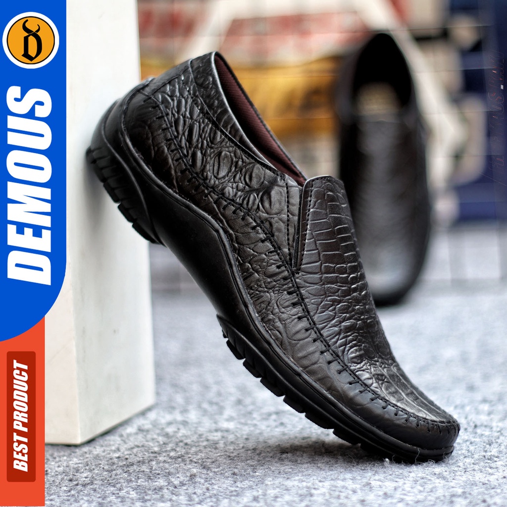 Sepatu Slip On Pria Sepatu Casual Pria Formal Kulit Asli Sepatu Pantofel Kerja Kantor Kuliah Kondangan Sepatu Slop Pria Sepatu Hitam Pria DEMOUS CROCO