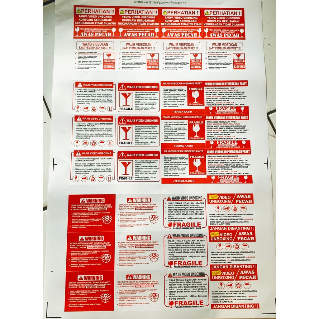 Sticker Label Unboxing Paket Fragile Bahan Vinyl Anti Air dan Stiker Kromo Per lembar