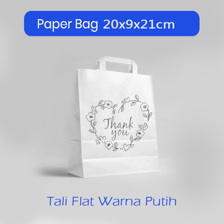 

Paper Bag Warna Putih +Tulisan Thank You 20x9x21cm Papper Bag Kertas Kado Souvenir Packaging Olshop