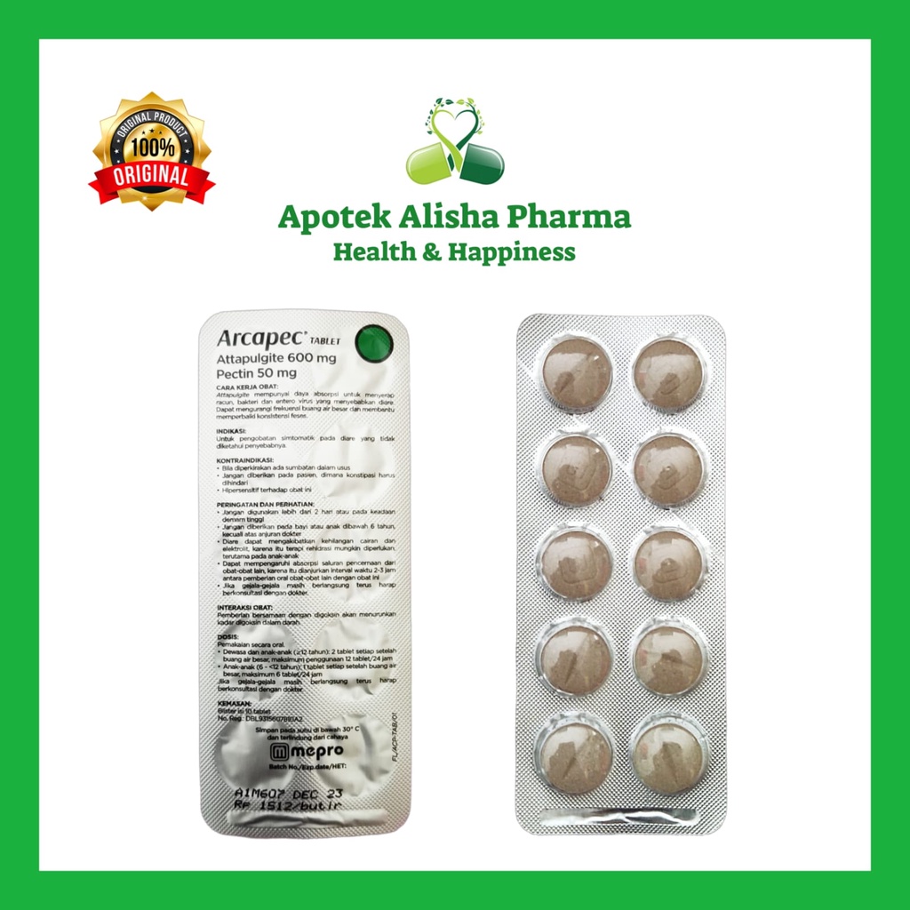 Arcapec Tablet (Strip 10tablet)-Arcapec Attapulgite Pectin Tablet Obat Diare/Mencret/Muntaber Dewasa/Arcapek/Arkapek Tablet