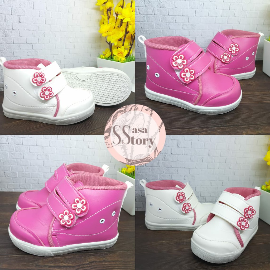 Sasastory Sepatu Boot Sneaker Anak Perempuan Bunga Usia 1 2 3 Tahun Putih Fanta CA16