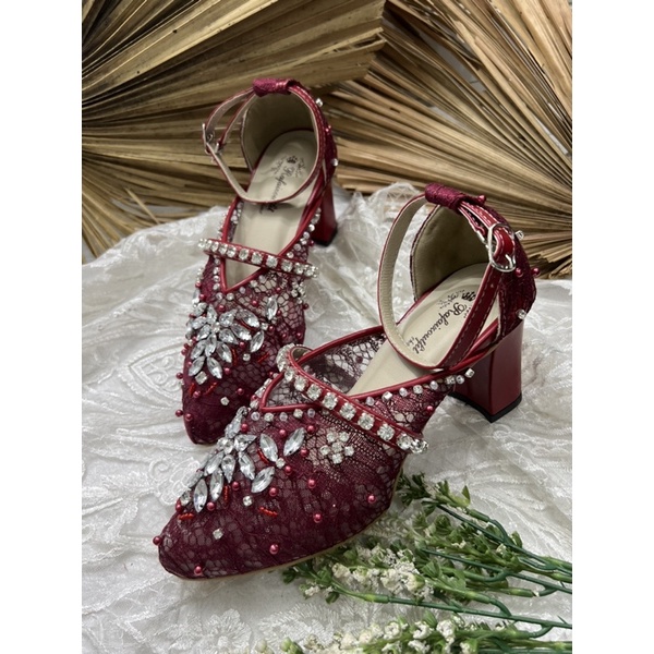 sepatu wedding wanita siyren merah marron 7cm tahu