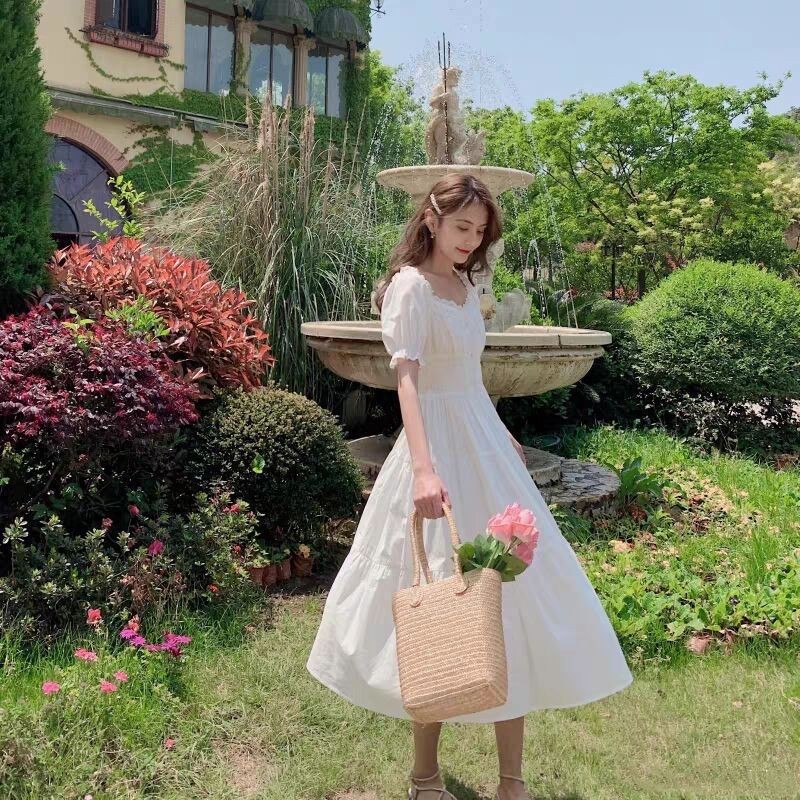 dress impor import retro gaya perancis prancis white putih cantik bawah lutut panjang all size new