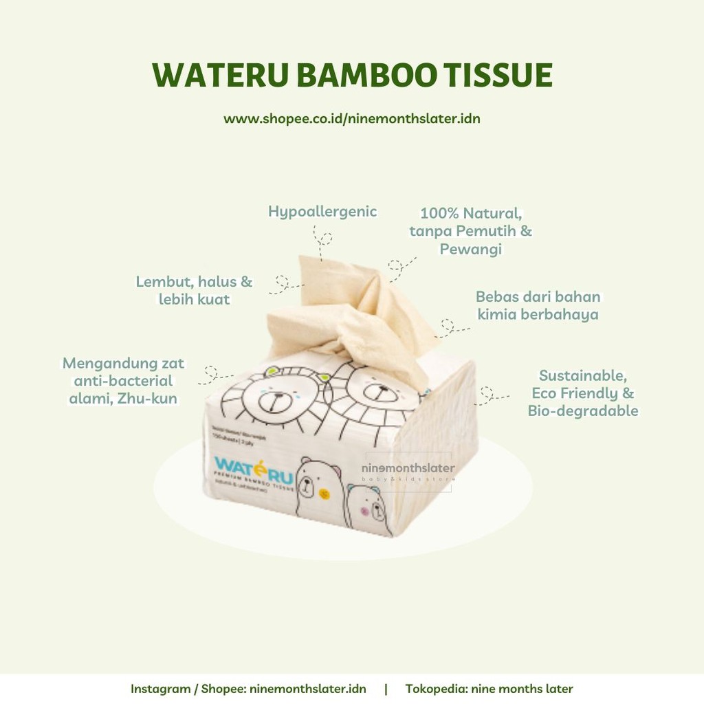 Wateru Bamboo Tissue Facial, Pocket, Pop Up, Mini Table 100 150 6x10 Tisu Bambu Anti Bacterial Eco