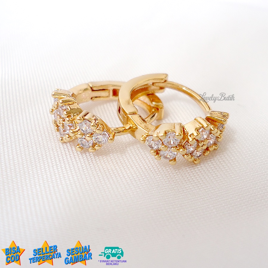 Lovelybutik Anting Jepit Xuping Dewasa Imeld4 Anting Wanita Anti Karat Model Bunga Diamond Lapis Emas