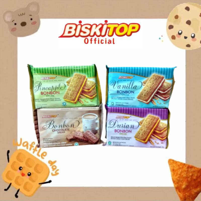 

BISKITOP OFFICIAL- BONBON (210 Gram) Biskuit Renyah Rasa Coklat, Durian, Nanas, Vanilla Murah Meriah