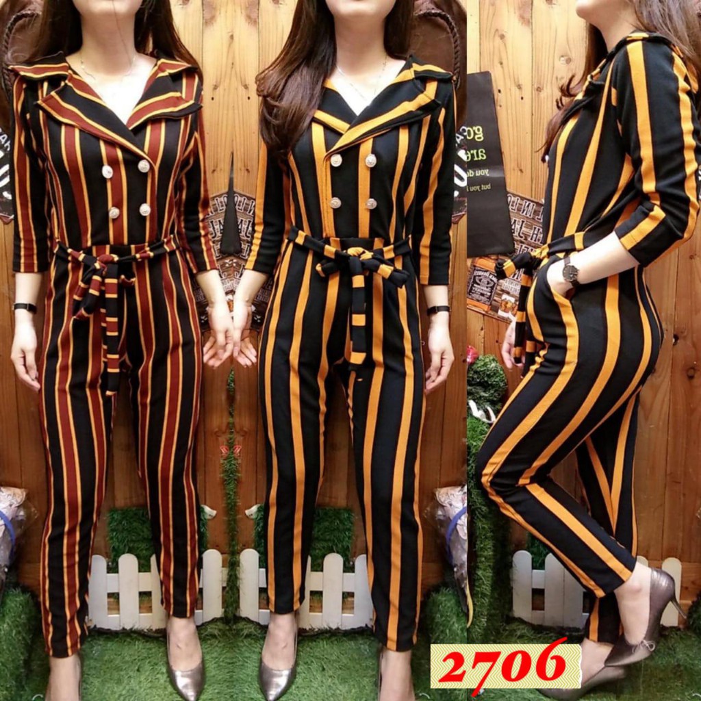 kathryn collection #010, Jumpsuit salur crepe super premium celana panjang tangan 3/4