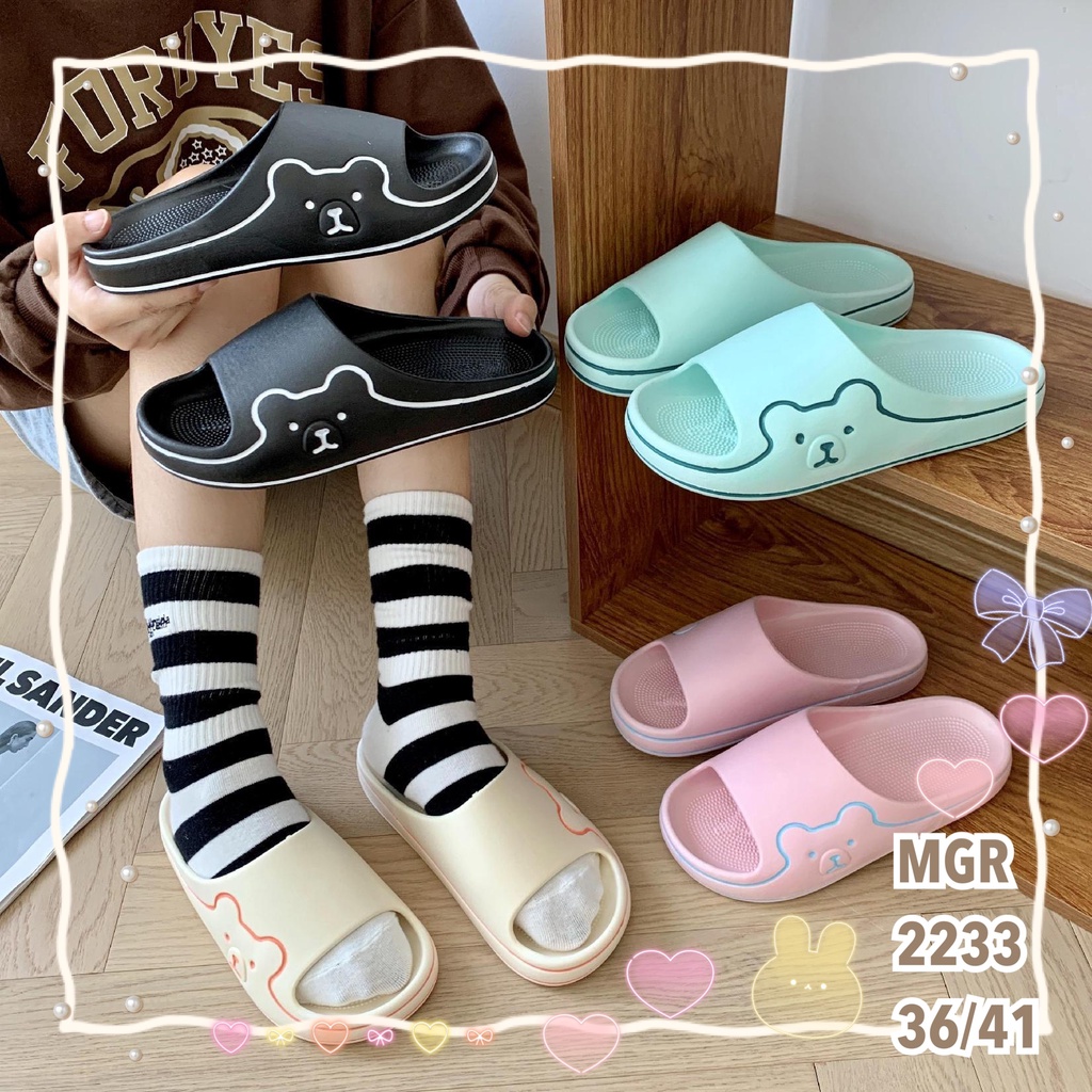 Sandal Slop Jelly Wanita Korea Tebal Bear Samping Garis Lucu Cantik Cute Imut Simple Impor MGR Mokaya Balance (2233)/Size 36-41