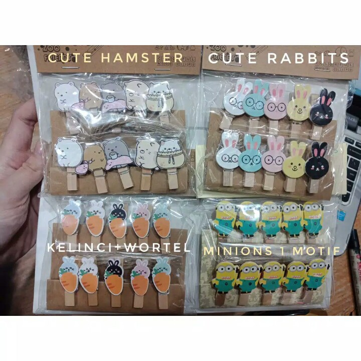 [READY SEMUA MOTIF] Wooden Clip + Tali Rami | Penjepit Foto Karakter | Jepit Kayu Lucu Photo Clip