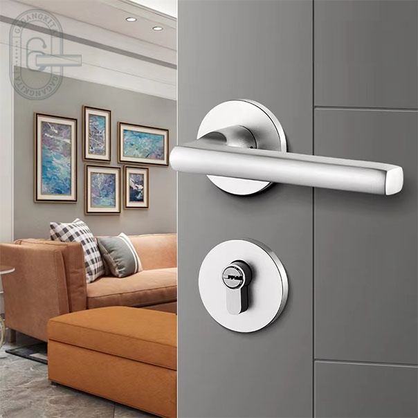 Gagang Pintu 1 set siap pasang, Gaya Eropa Handle Lock Door White Minimalis Model Lurus Bedroom Living Room Mechanical Anti-Theft