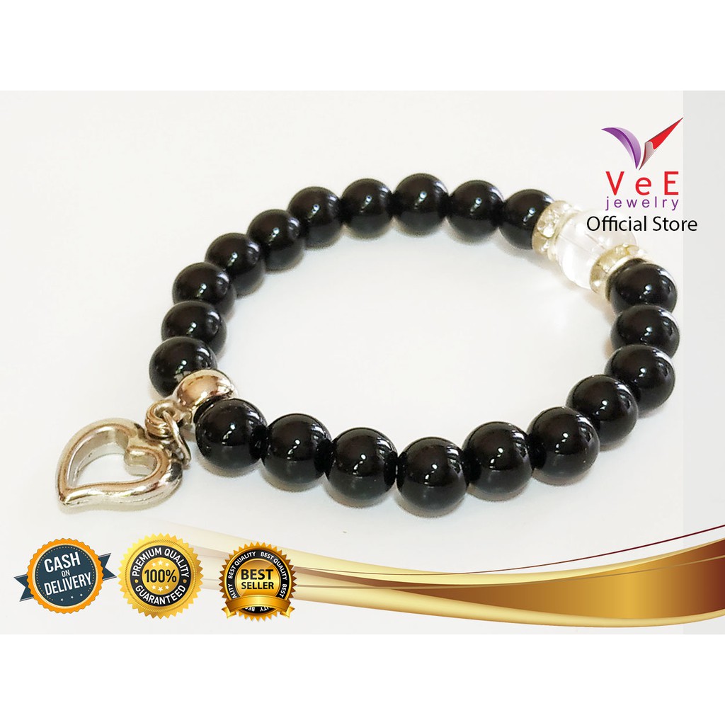 Gelang Batu Giok Hitam Black Jade 8mm Love  - VeE Gelang Pria Wanita Terapi Kesehatan Anti Virus