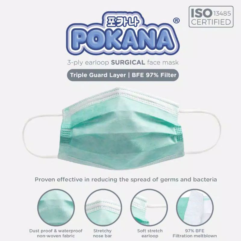 POKANA 3-ply  dewasa Earloop Surgical Face Mask warna hijau - Box isi 30pcs