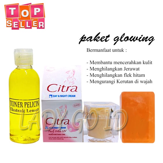 Paket Glowing 3in1 / Paket Pencerah Wajah - Cream Citra Super Siang Malam + Sabun Orange Mini 40gr + Toner Pelicin Ekstrak Lemon 60ml Original