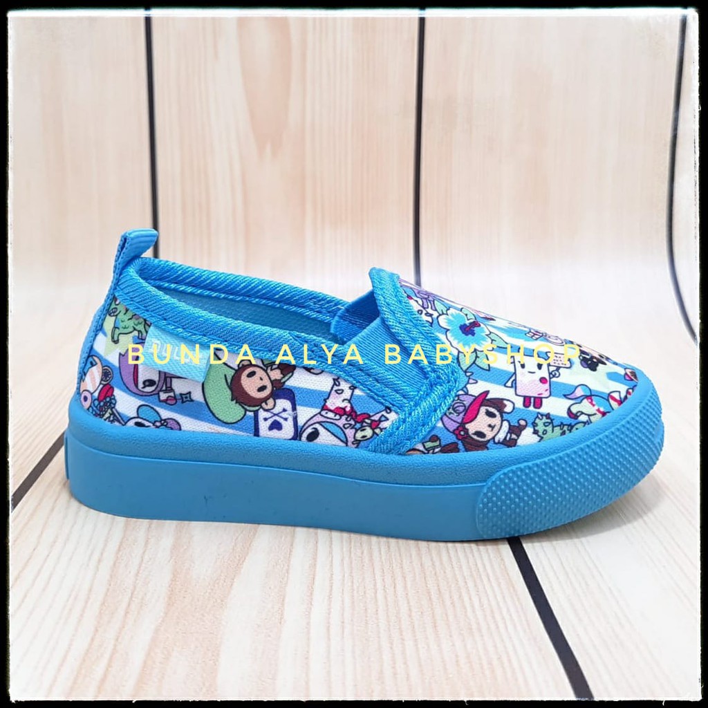 Sepatu Anak Laki Laki Umur 1 2 5 Tahun BIRU Elastis - Sepatu Anak Cewek Cowok 1 sampai 5 Tahun Full Printing BIRUMUDA Size 20 - 30 Motif Kartun Alas Karet