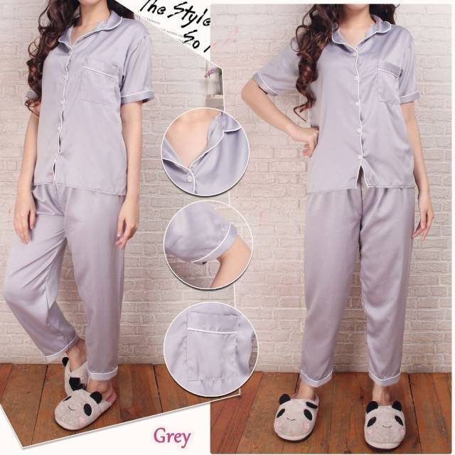 Fashion Baju Tidur Piyama SATIN PAJAMAS PANJANG GREY,PINK,NAVY
