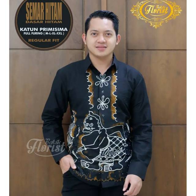 Kemeja Batik Motif Semar Warna Hitam Bahan Katun Primisima/Batik Lapis Puring/Batik Full Furing