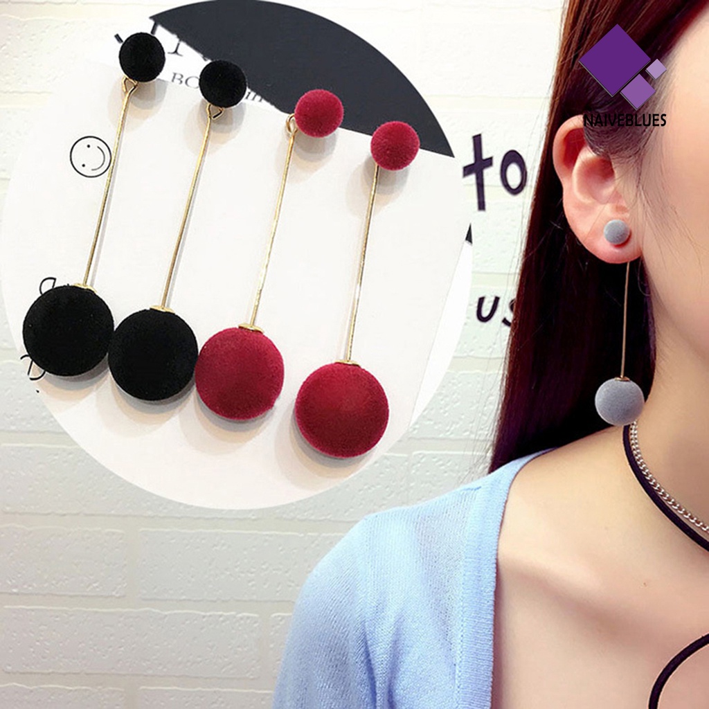 Naiveblue Anting Tusuk Gantung Panjang Wanita Desain Bola Bulu Gaya Elegan Untuk Hadiah